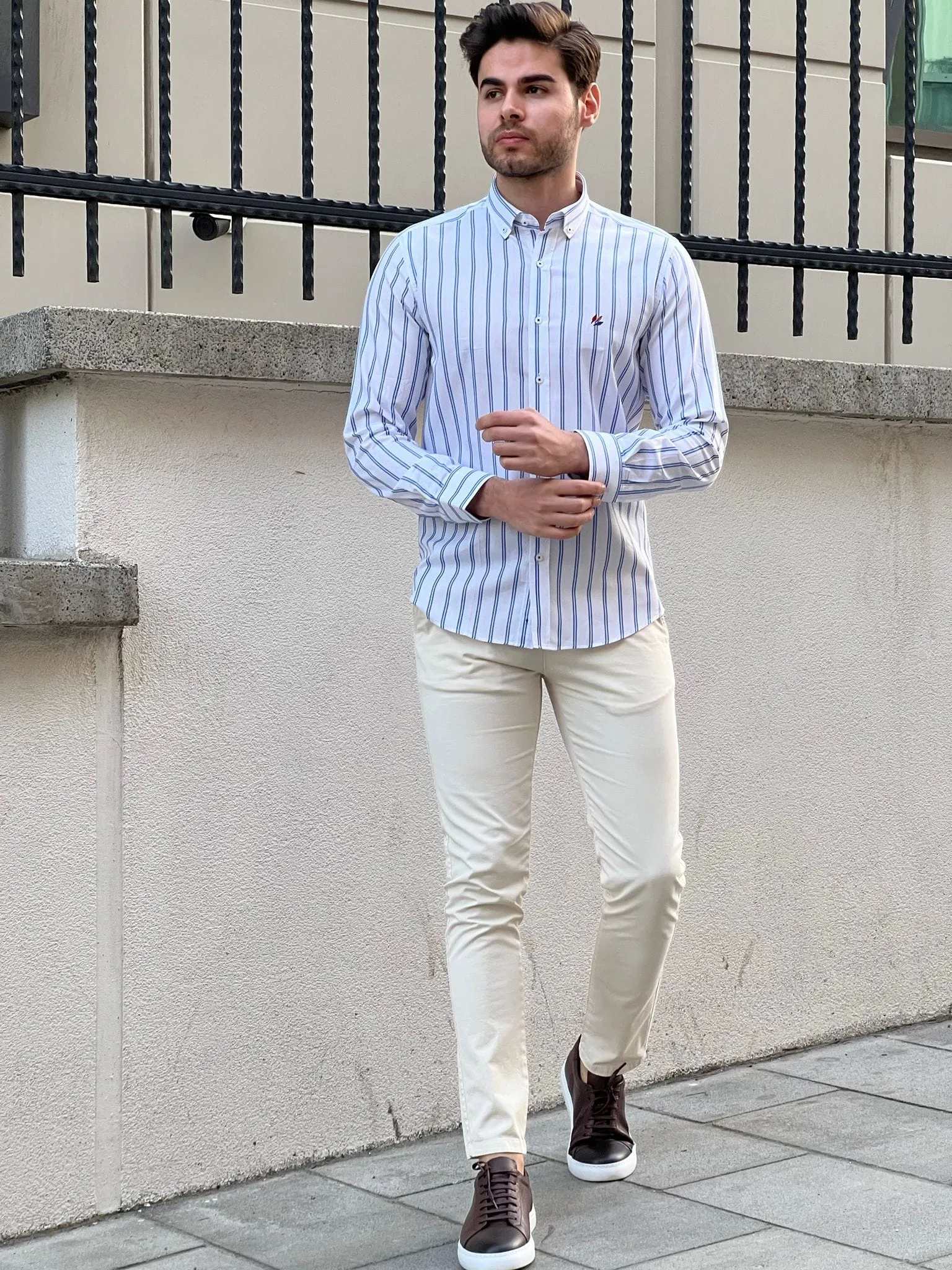 Slim Fit Striped Cotton White & Blue Shirt