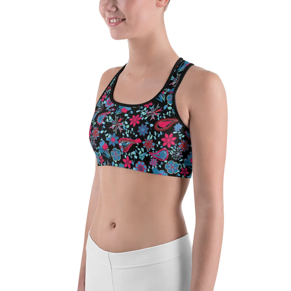 Spring Paisley Black Sports bra for women, moisture-wicking material