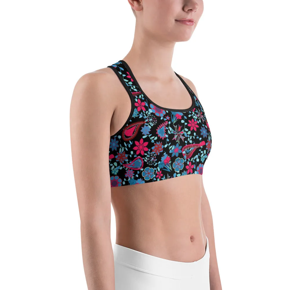 Spring Paisley Black Sports bra for women, moisture-wicking material