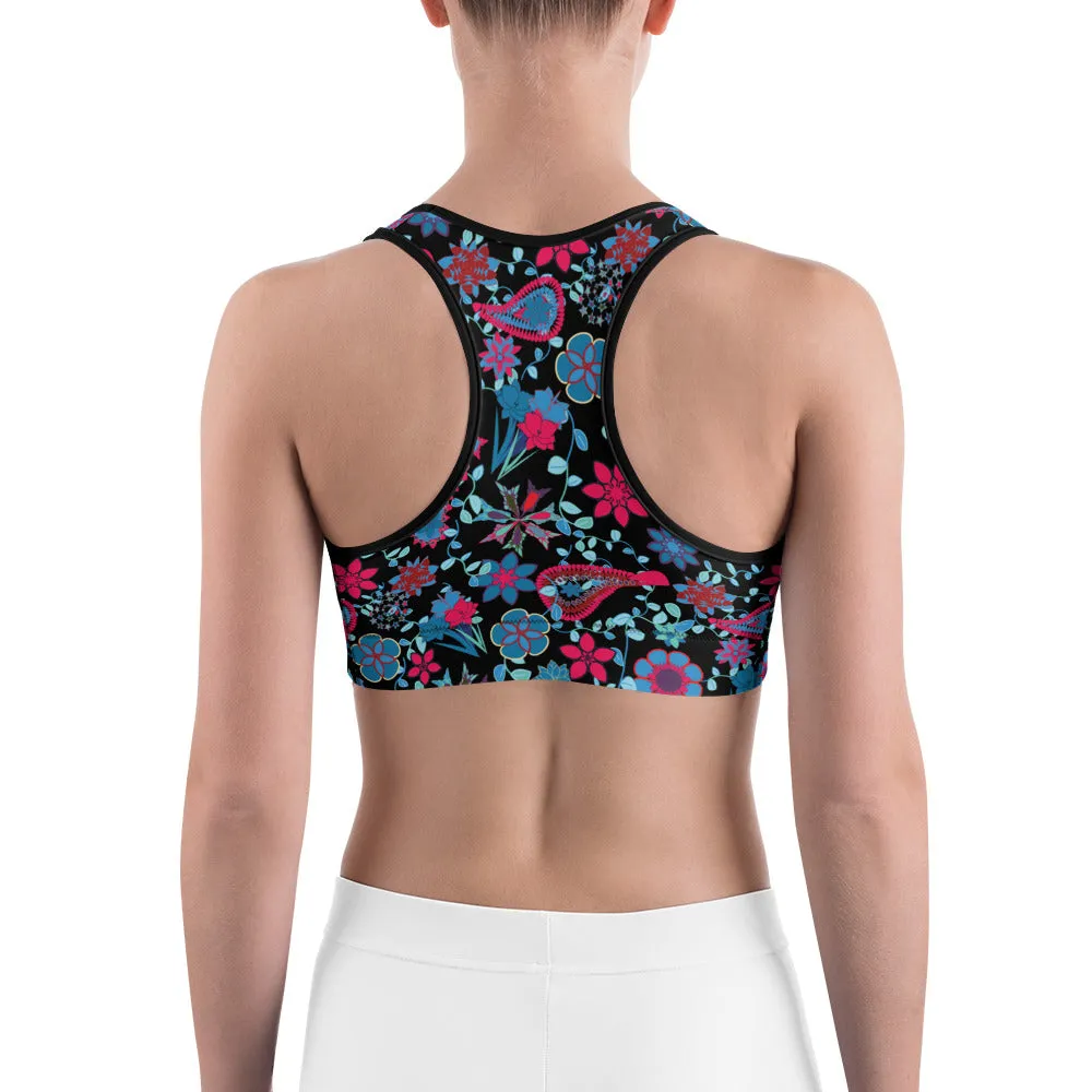 Spring Paisley Black Sports bra for women, moisture-wicking material