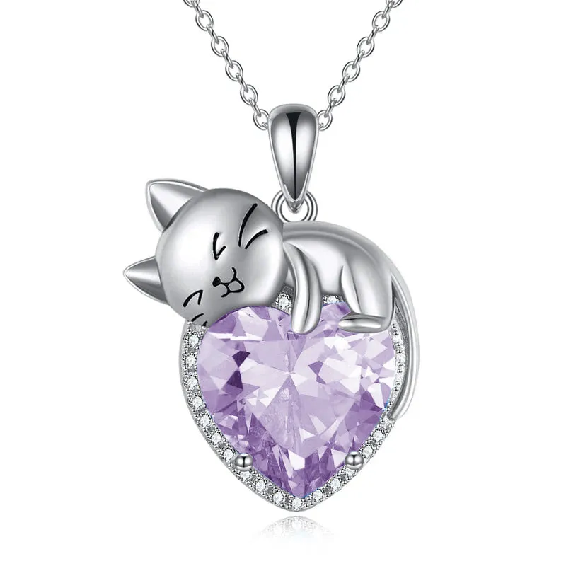 Sterling Silver Cat Necklace with Birthstone Animal Cat Pendant Heart Necklace for Women Girls