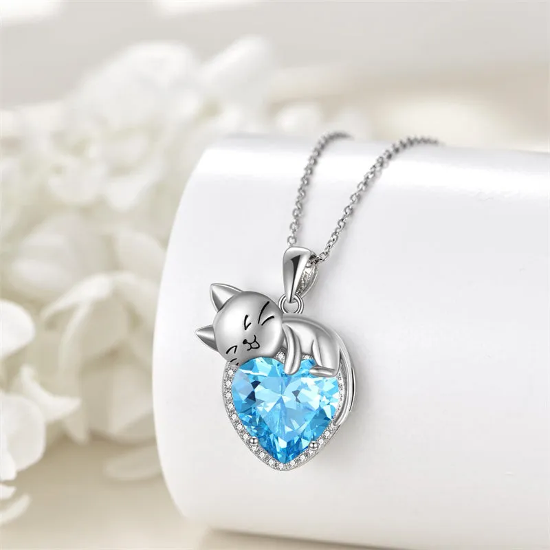 Sterling Silver Cat Necklace with Birthstone Animal Cat Pendant Heart Necklace for Women Girls