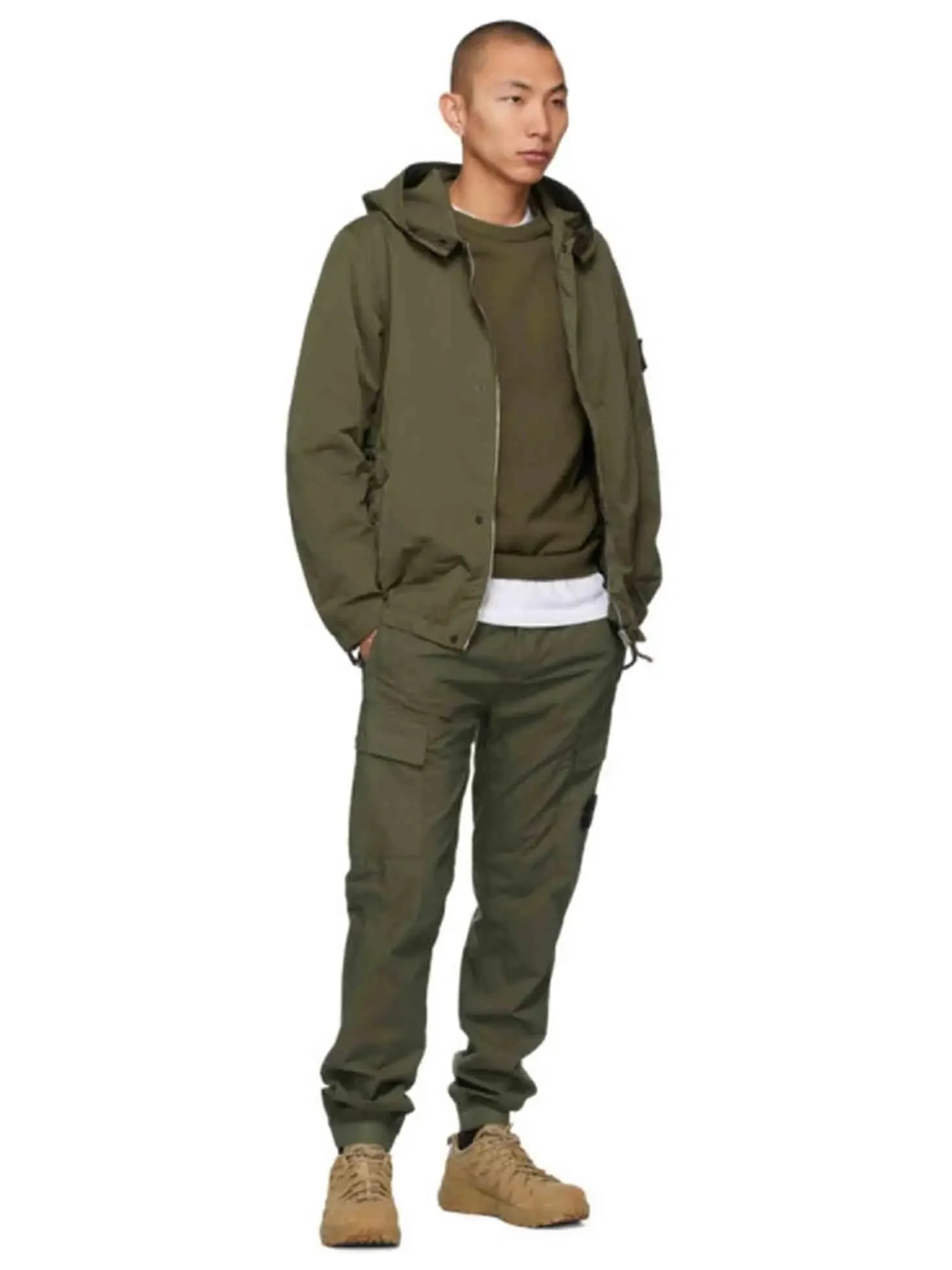 Stone Island Logo Patch Garment-Dyed Hooded Shell Jacket Olive