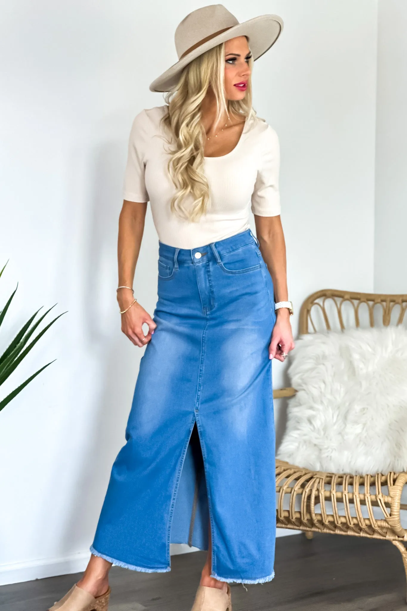 Tribal Dawn Full Length Denim Skirt : Sky Blue