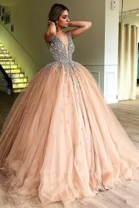 Unique Ball Gown V Neck Sleeveless Beading Tulle Prom Dresses Quinceanera Dress