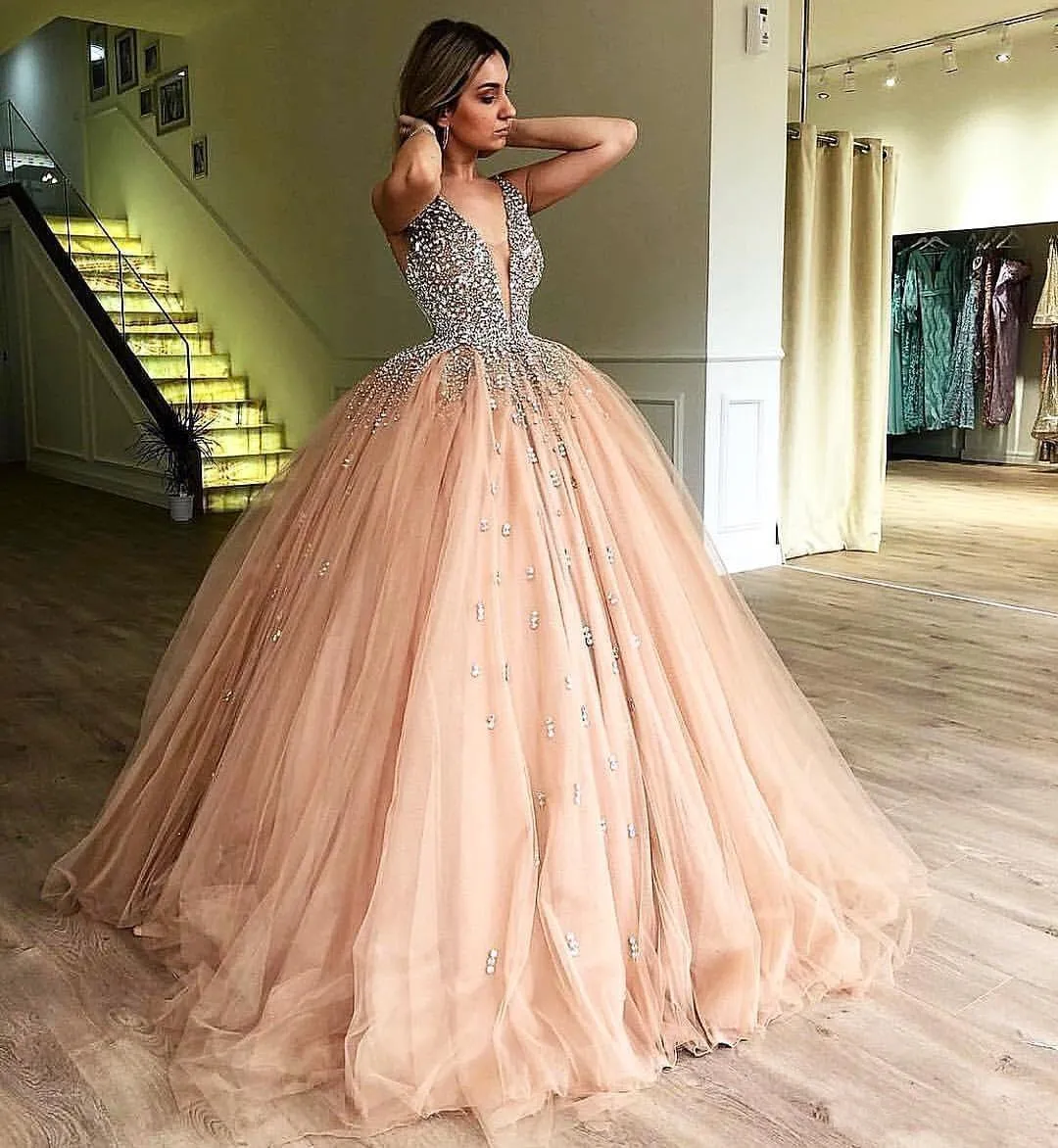 Unique Ball Gown V Neck Sleeveless Beading Tulle Prom Dresses Quinceanera Dress