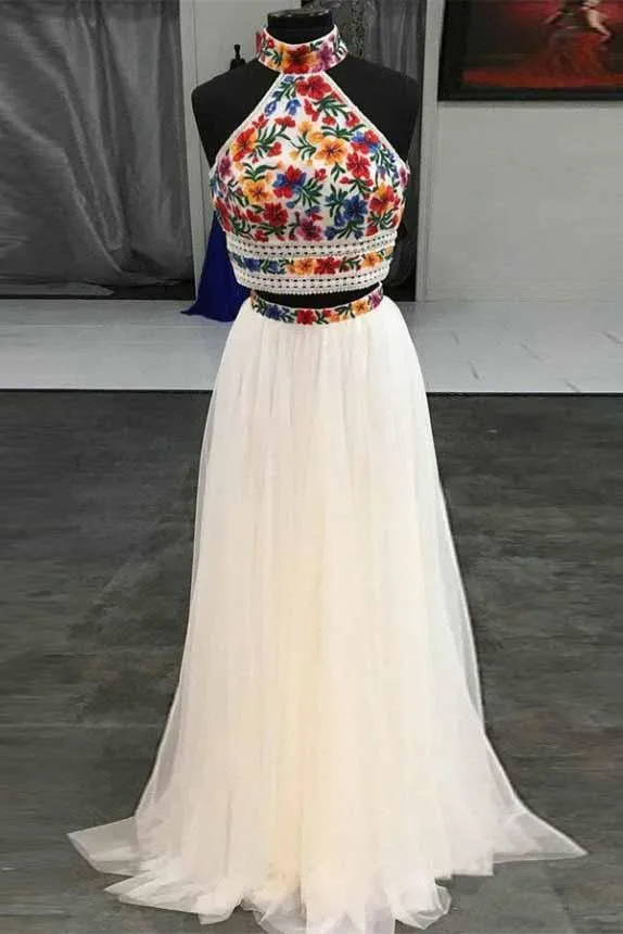 Unique Two Pieces Embroidery High Neck Open Back Tulle Prom Dresses Evening Dresses