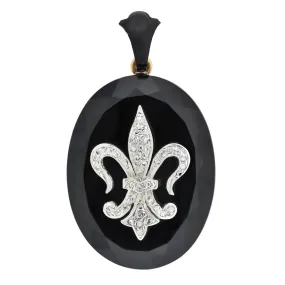 Victorian 14kt Faceted Onyx Locket with Diamond Fleur-de-Lys