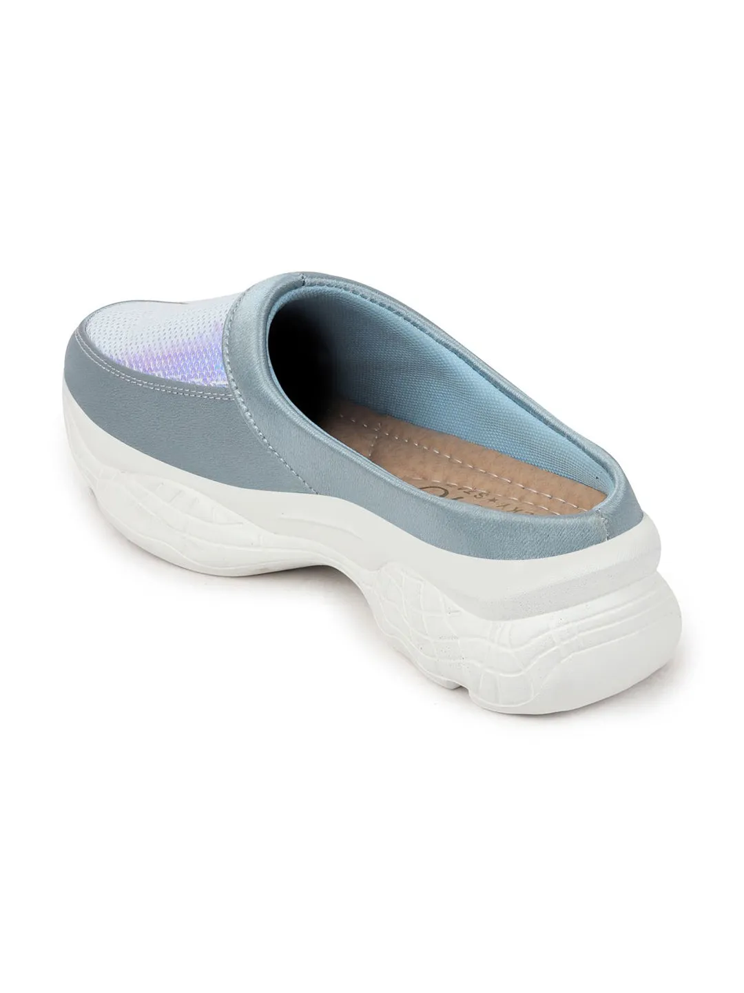 Women Sky Blue Back Open Embellished Slip On Mules