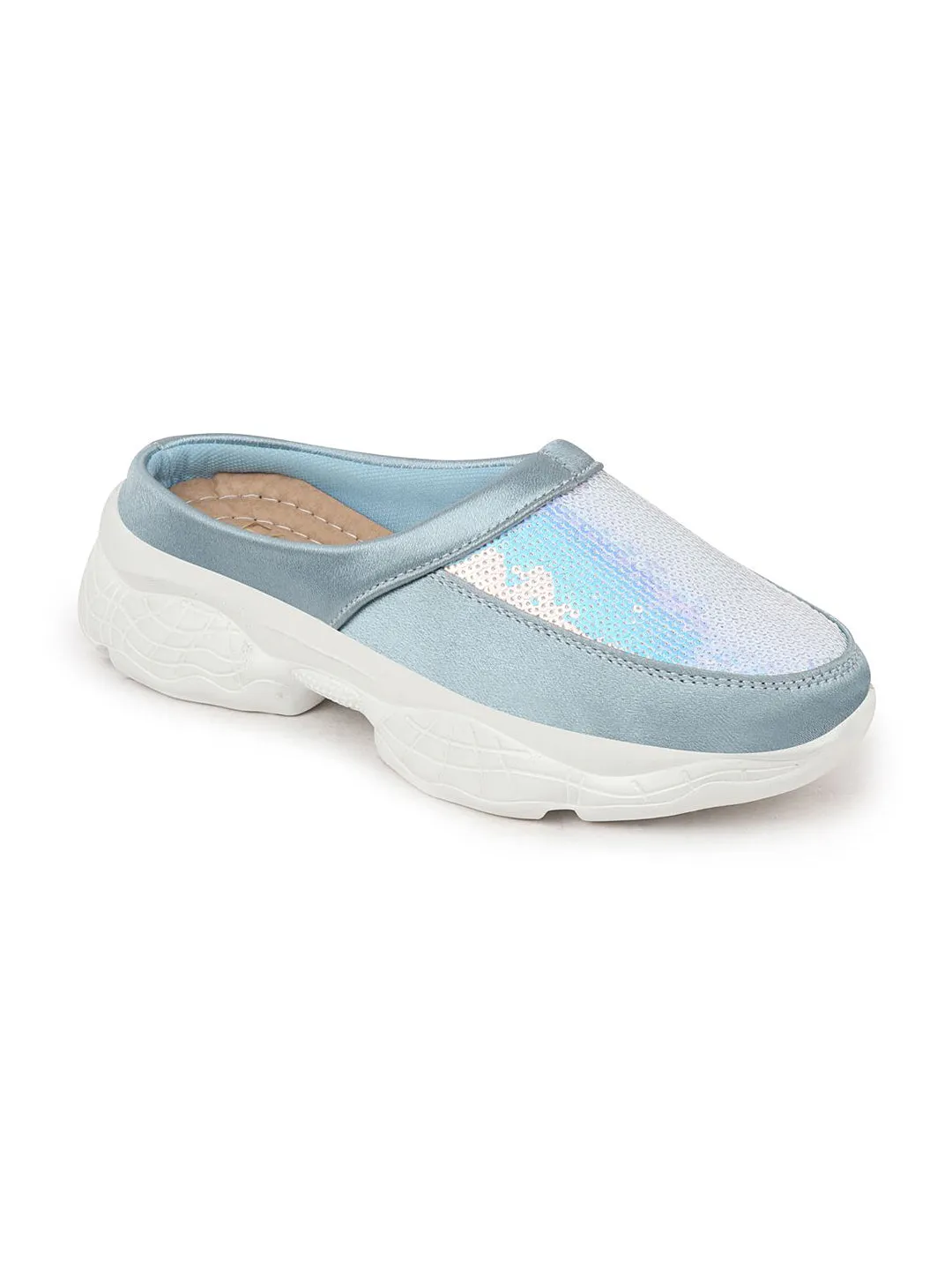 Women Sky Blue Back Open Embellished Slip On Mules