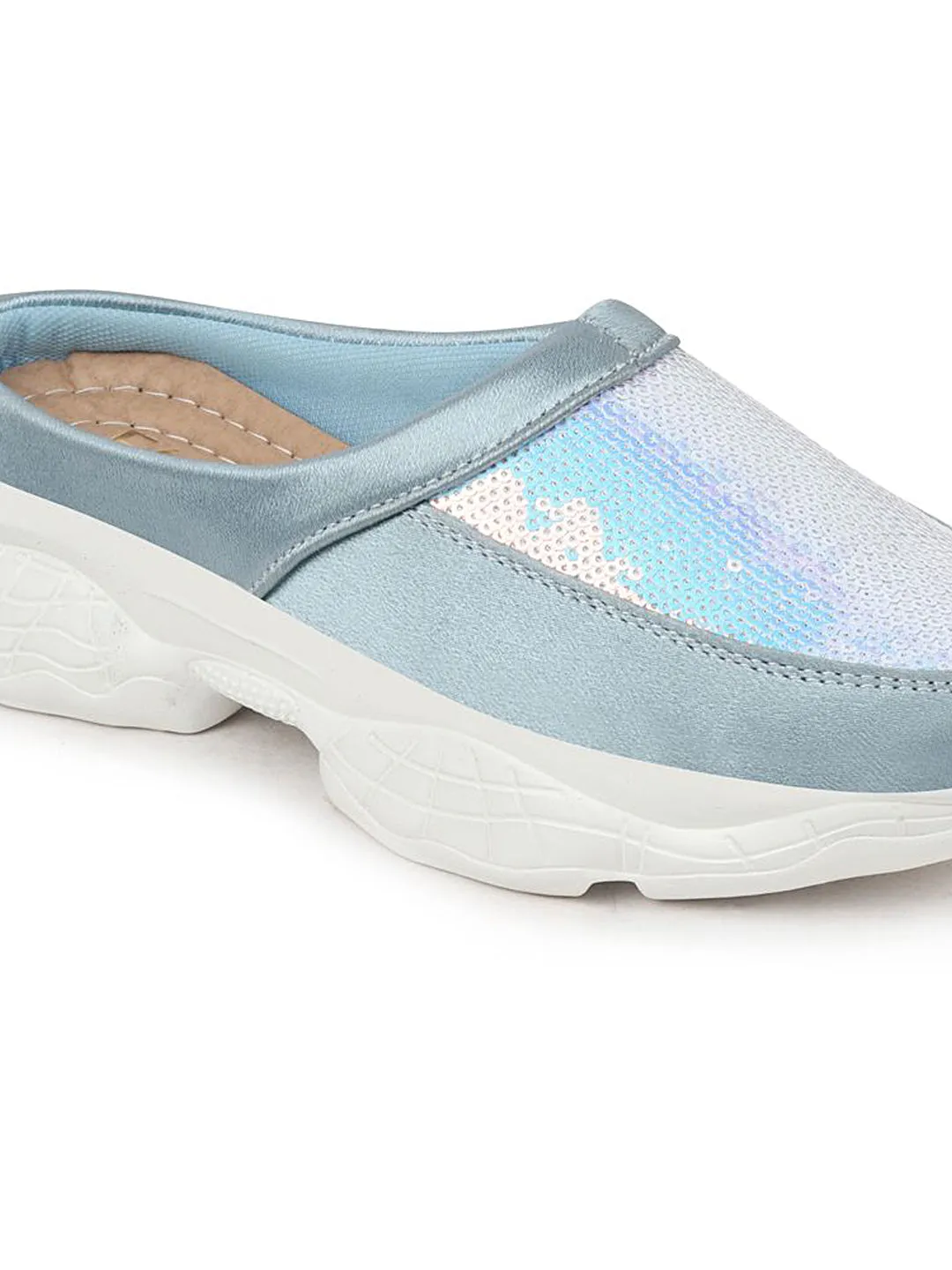 Women Sky Blue Back Open Embellished Slip On Mules