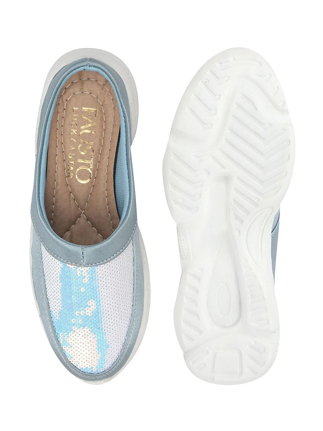 Women Sky Blue Back Open Embellished Slip On Mules