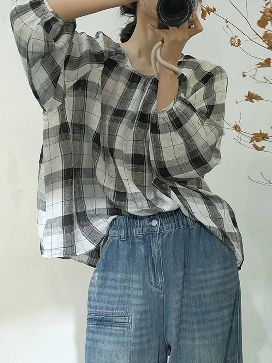 Women Spring Plaid Artsy Linen Loose Blouse KL1048