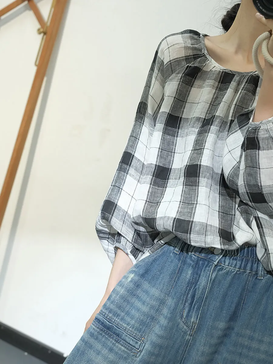 Women Spring Plaid Artsy Linen Loose Blouse KL1048