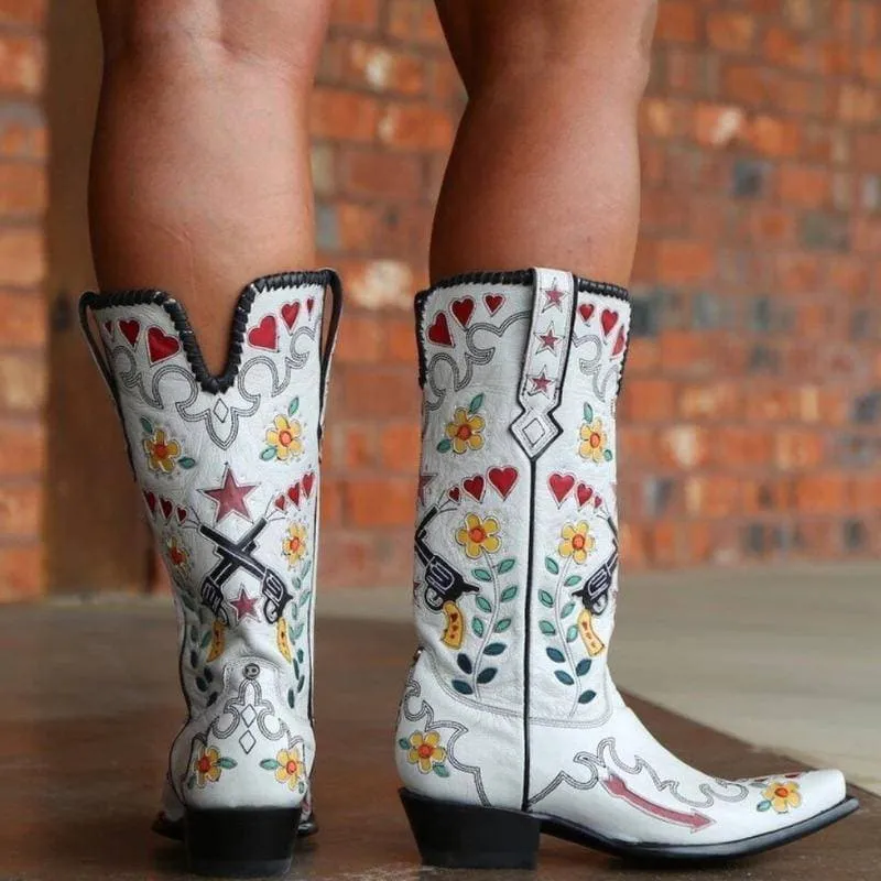 Women's Embroidery Pointed Toe Chunky Heel Western Cowboy Boots