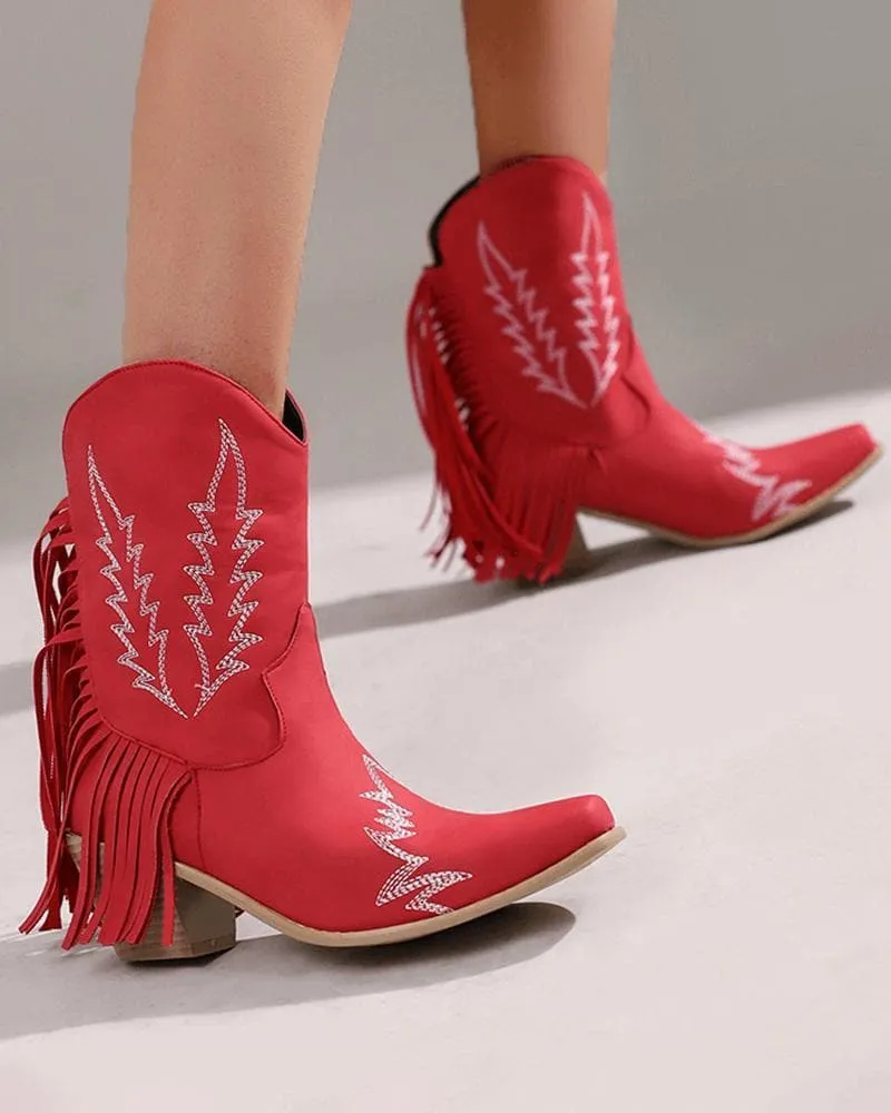 Women's Fashion Web celebrity style Floral Embroidery Tassel Ankle Boots