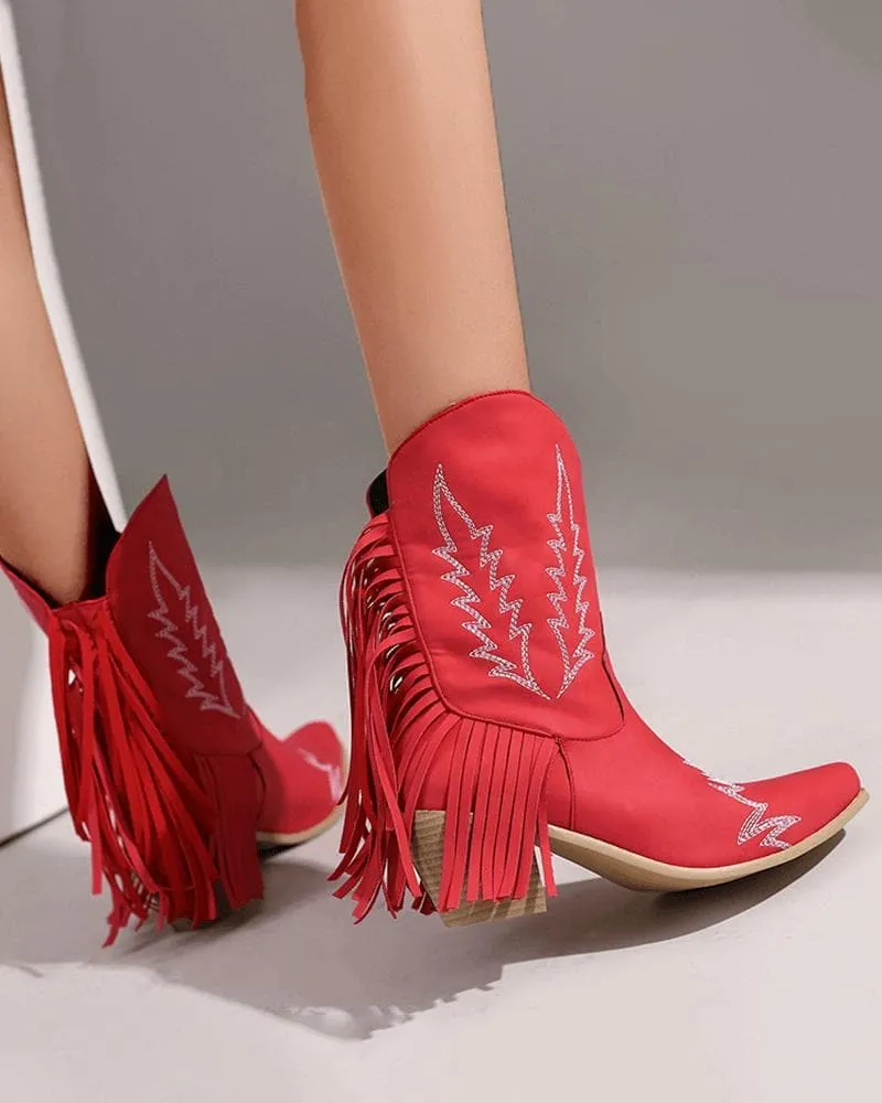 Women's Fashion Web celebrity style Floral Embroidery Tassel Ankle Boots